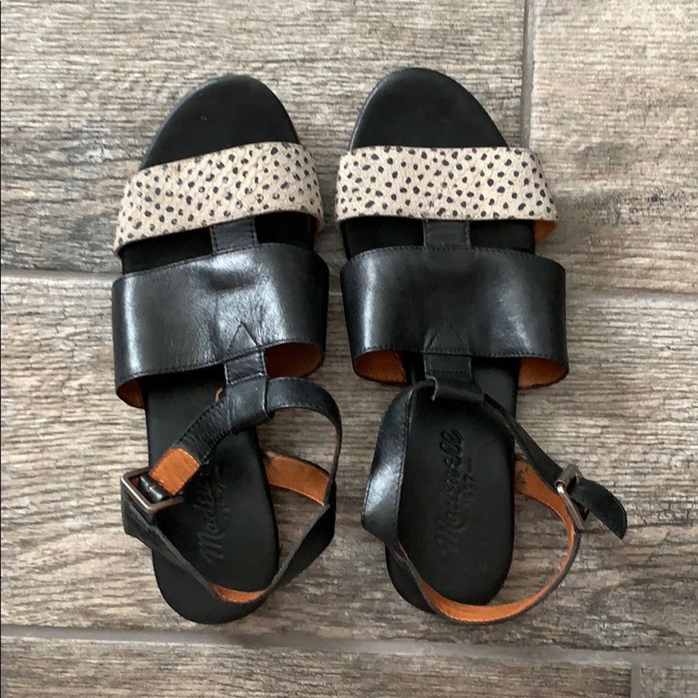 Madewell Black Leather Cream Spotted Strap Sandal